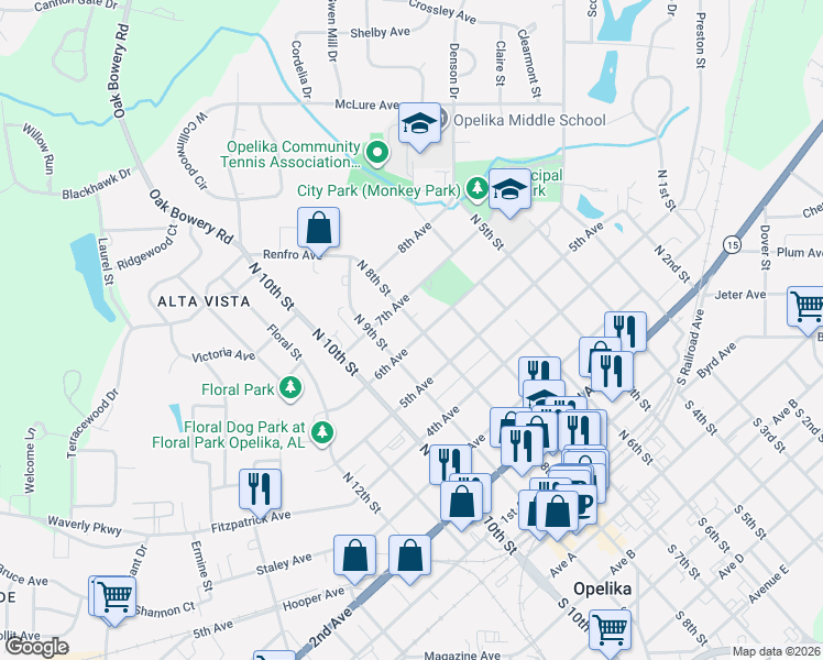 map of restaurants, bars, coffee shops, grocery stores, and more near 605 North 9th Street in Opelika