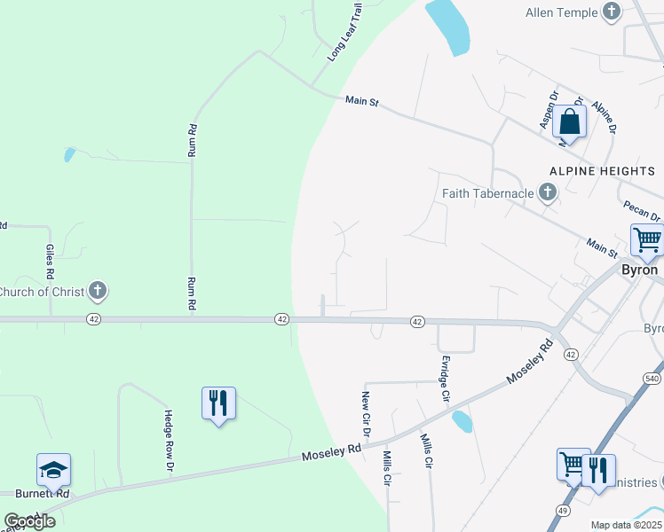 map of restaurants, bars, coffee shops, grocery stores, and more near 117 Poppy Lane in Byron