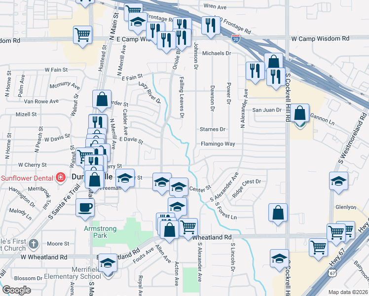 map of restaurants, bars, coffee shops, grocery stores, and more near 215 Johnson Drive in Duncanville