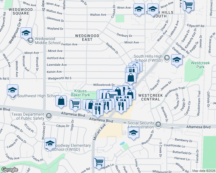 map of restaurants, bars, coffee shops, grocery stores, and more near 3504 Park Lake Drive in Fort Worth