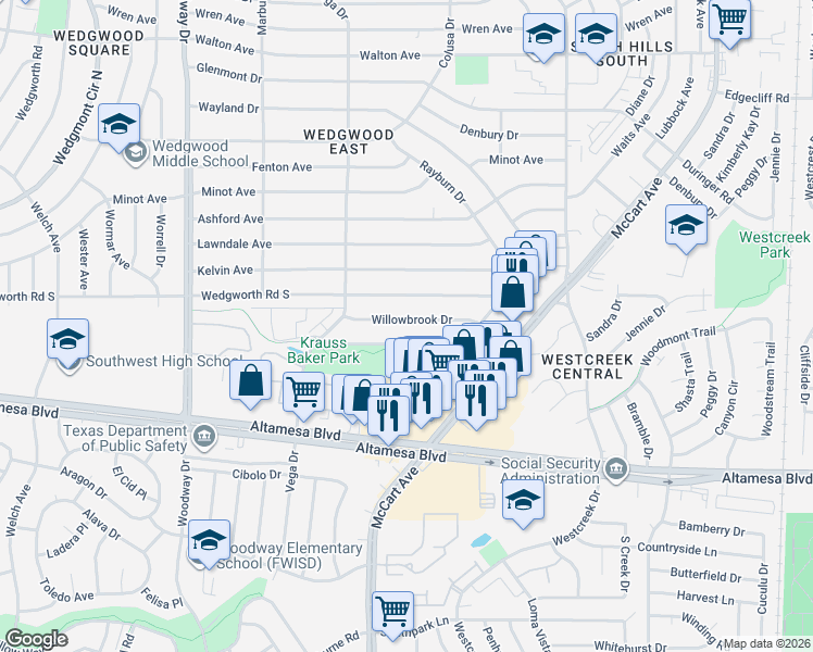 map of restaurants, bars, coffee shops, grocery stores, and more near 3504 Park Lake Drive in Fort Worth