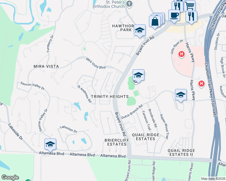 map of restaurants, bars, coffee shops, grocery stores, and more near 6671 Gascony Place in Fort Worth