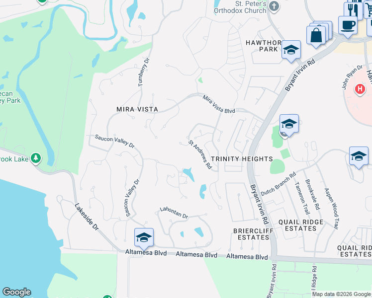 map of restaurants, bars, coffee shops, grocery stores, and more near 6708 Saint Andrews Road in Fort Worth
