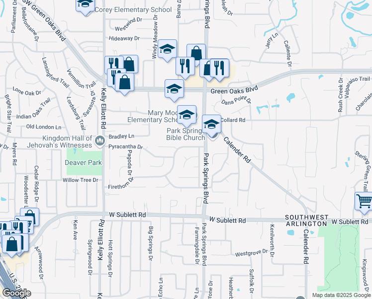 map of restaurants, bars, coffee shops, grocery stores, and more near 3804 Firethorn Drive in Arlington