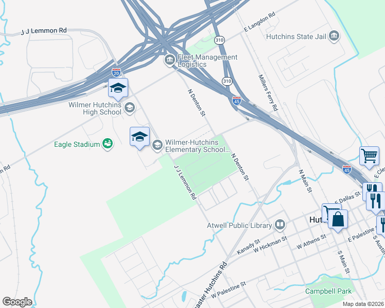 map of restaurants, bars, coffee shops, grocery stores, and more near 417 Morningstar Drive in Hutchins