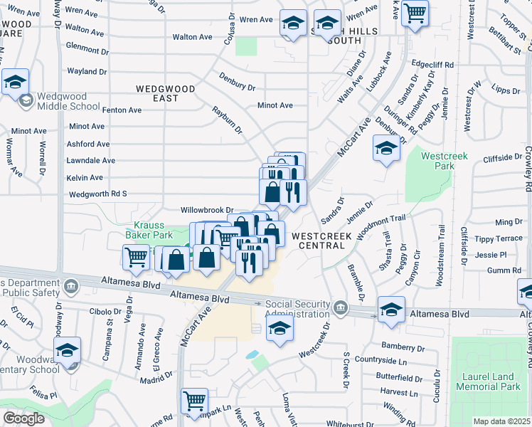 map of restaurants, bars, coffee shops, grocery stores, and more near 3313 Park Lake Drive in Fort Worth