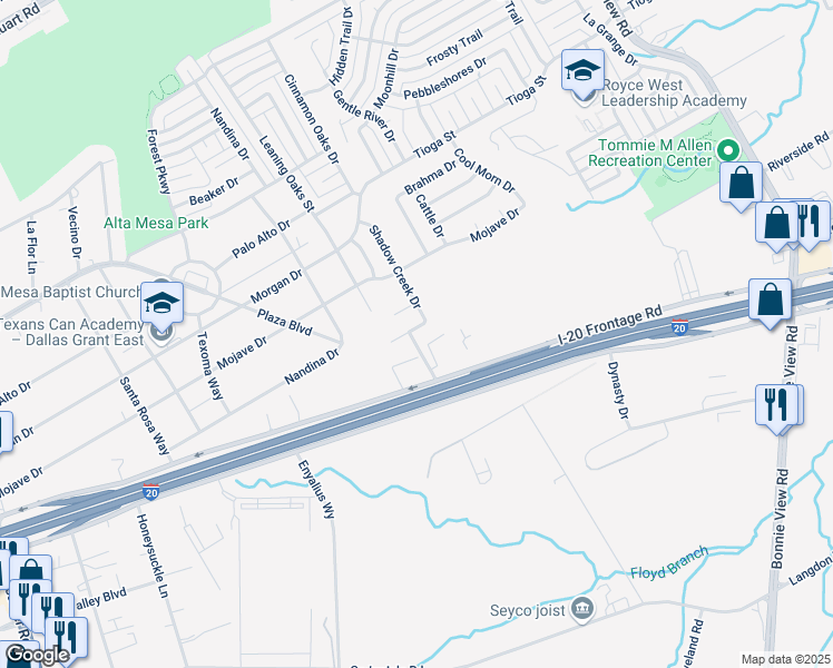 map of restaurants, bars, coffee shops, grocery stores, and more near 3234 Buckskin Drive in Dallas