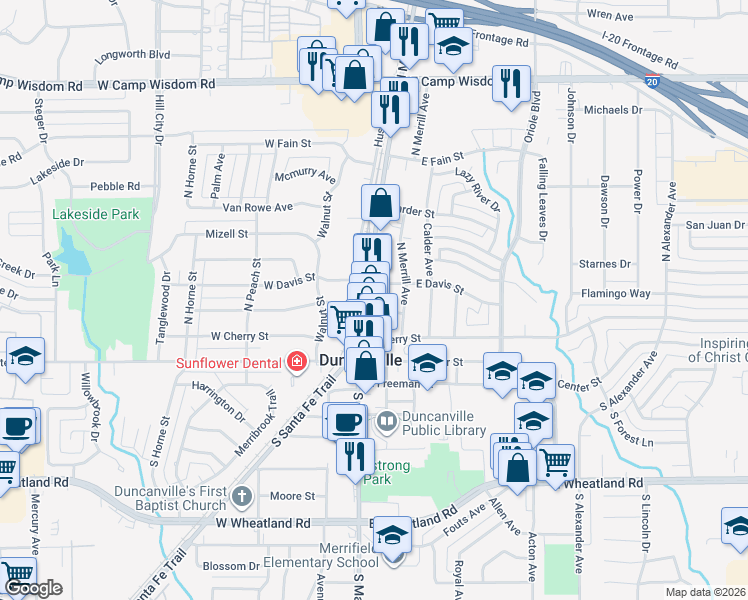 map of restaurants, bars, coffee shops, grocery stores, and more near 112 Wes Jespersen Way in Duncanville