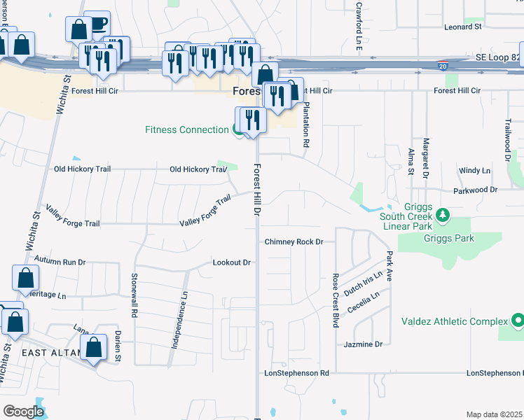 map of restaurants, bars, coffee shops, grocery stores, and more near 3408 Cobblestone Drive in Forest Hill