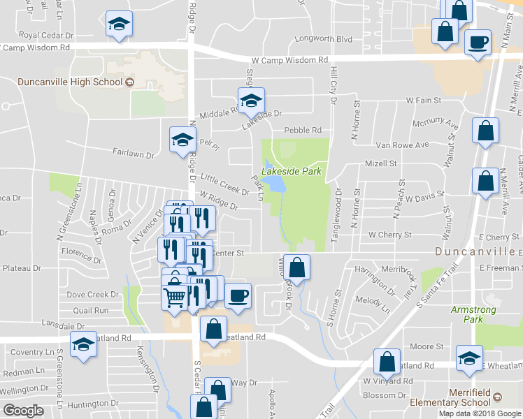 map of restaurants, bars, coffee shops, grocery stores, and more near 244 Park Lane in Duncanville
