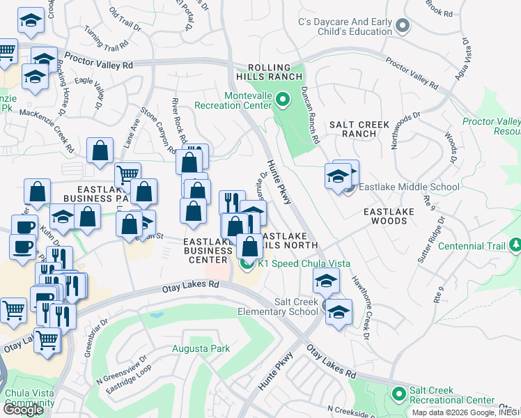 map of restaurants, bars, coffee shops, grocery stores, and more near 906 Yosemite Drive in Chula Vista