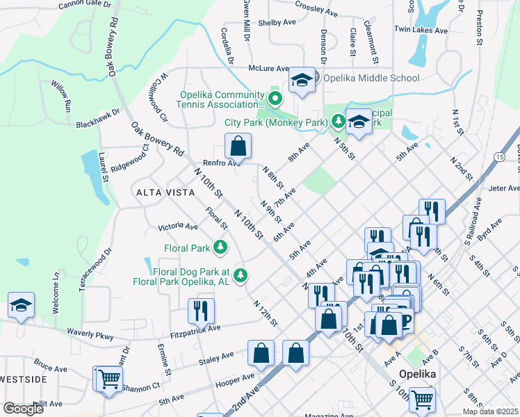 map of restaurants, bars, coffee shops, grocery stores, and more near 614 North 9th Street in Opelika