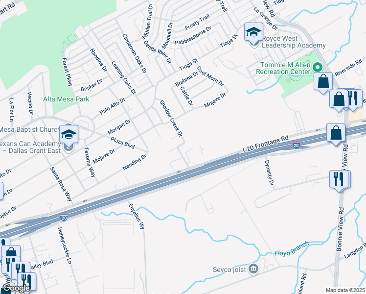 map of restaurants, bars, coffee shops, grocery stores, and more near 3222 Buckskin Drive in Dallas