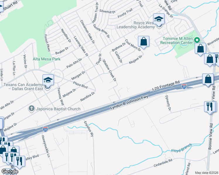 map of restaurants, bars, coffee shops, grocery stores, and more near 3203 Buckskin Drive in Dallas