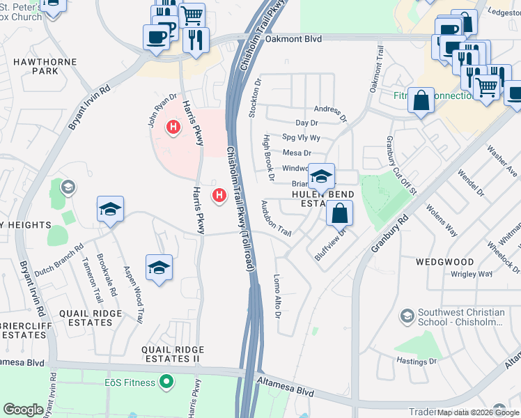 map of restaurants, bars, coffee shops, grocery stores, and more near 6712 Audubon Trail in Fort Worth