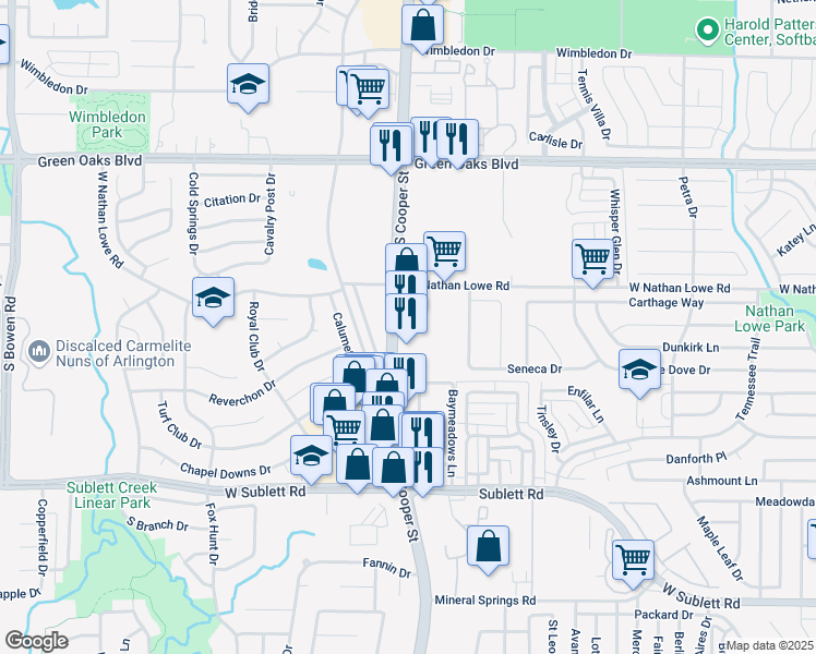 map of restaurants, bars, coffee shops, grocery stores, and more near 5701 South Cooper Street in Arlington