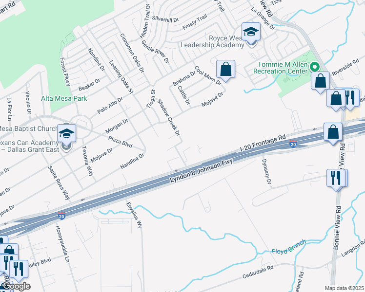 map of restaurants, bars, coffee shops, grocery stores, and more near 3242 Buckskin Drive in Dallas