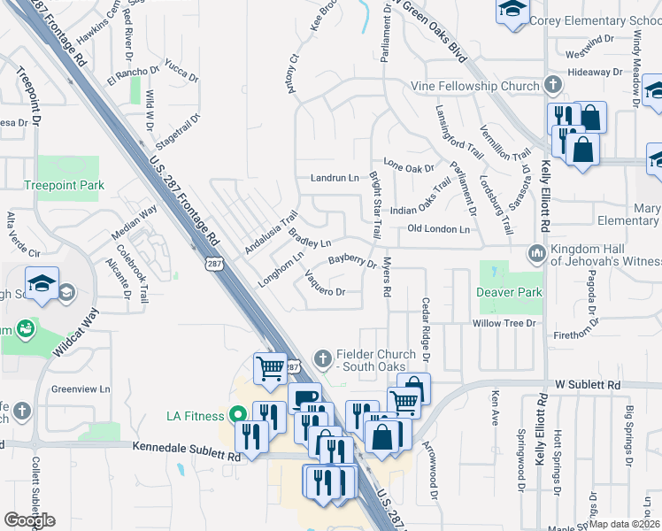 map of restaurants, bars, coffee shops, grocery stores, and more near 5007 Vaquero Drive in Arlington