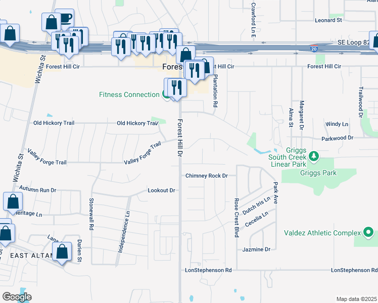 map of restaurants, bars, coffee shops, grocery stores, and more near 3408 Cobblestone Drive in Forest Hill