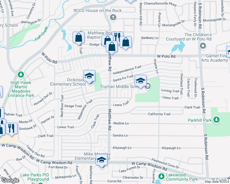 map of restaurants, bars, coffee shops, grocery stores, and more near 5014 Coffeyville Trail in Grand Prairie