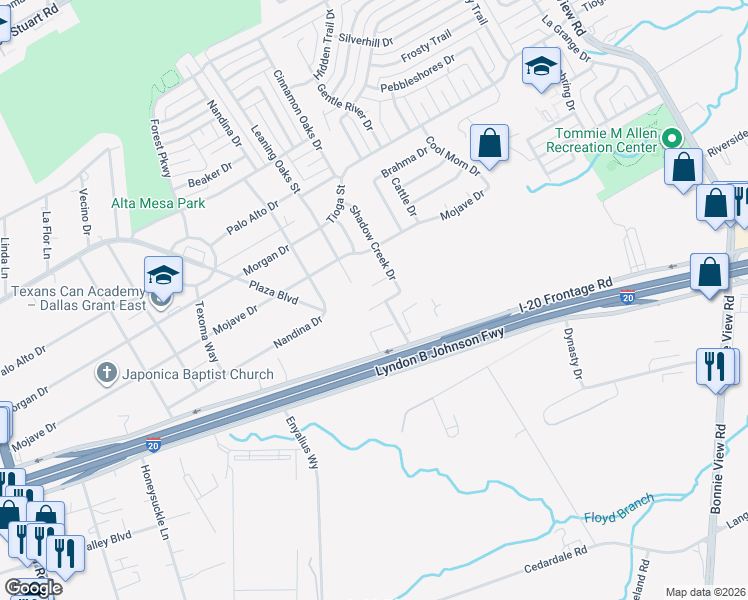 map of restaurants, bars, coffee shops, grocery stores, and more near 3219 Buckskin Drive in Dallas