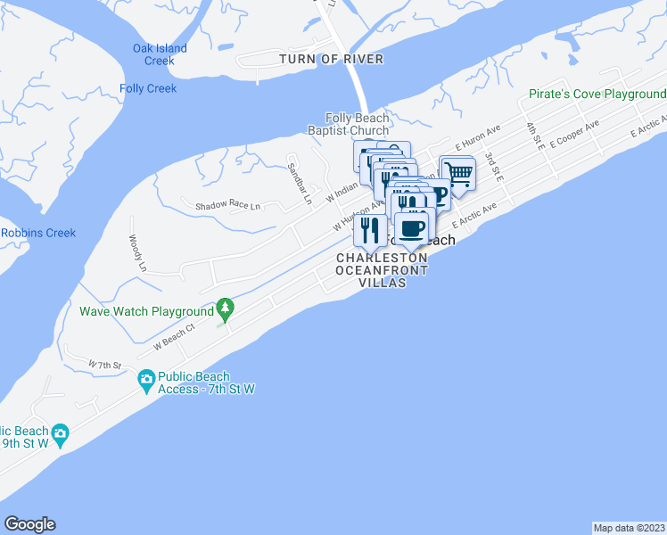 map of restaurants, bars, coffee shops, grocery stores, and more near 214 West Ashley Avenue in Folly Beach