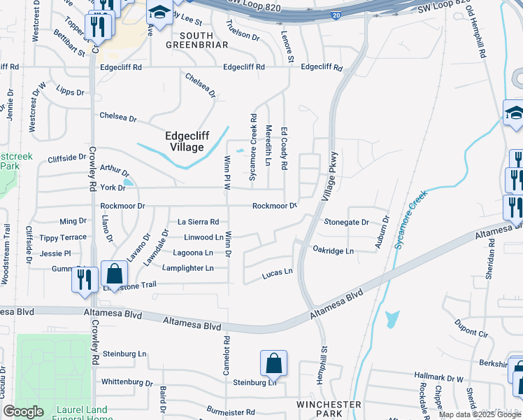 map of restaurants, bars, coffee shops, grocery stores, and more near 1201 Rockmoor Drive in Edgecliff Village