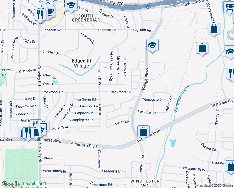 map of restaurants, bars, coffee shops, grocery stores, and more near 1201 Rockmoor Drive in Fort Worth