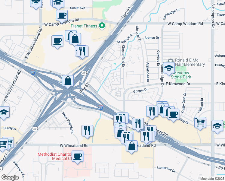 map of restaurants, bars, coffee shops, grocery stores, and more near 7550 Cliff Creek Crossing Drive in Dallas