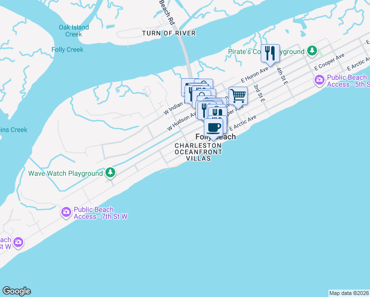 map of restaurants, bars, coffee shops, grocery stores, and more near 201 West Arctic Avenue in Folly Beach