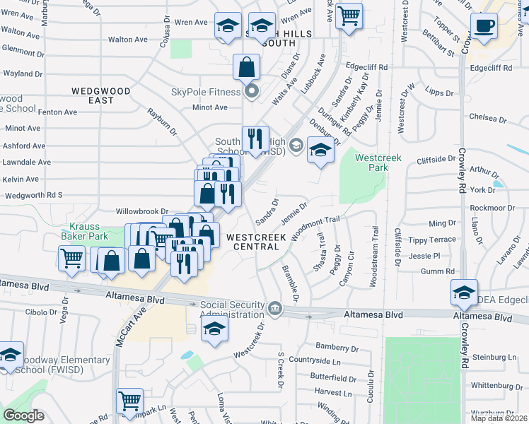map of restaurants, bars, coffee shops, grocery stores, and more near 6229 Sandra Drive in Fort Worth