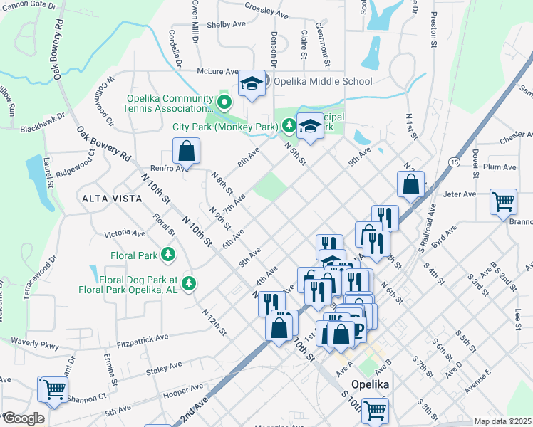 map of restaurants, bars, coffee shops, grocery stores, and more near 501-599 North 8th Street in Opelika
