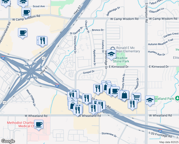 map of restaurants, bars, coffee shops, grocery stores, and more near 2858 Gospel Drive in Dallas
