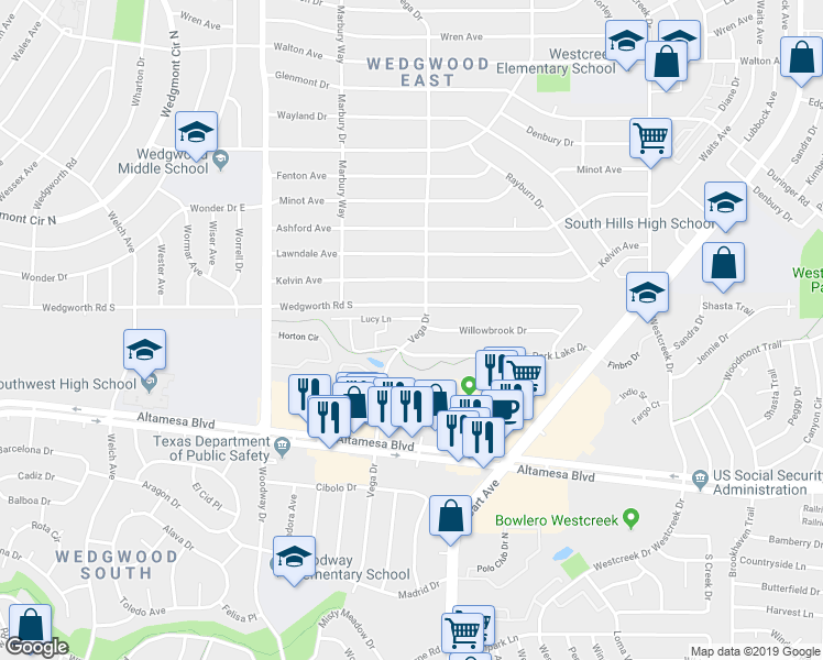 map of restaurants, bars, coffee shops, grocery stores, and more near 4 Park Lake Drive in Fort Worth
