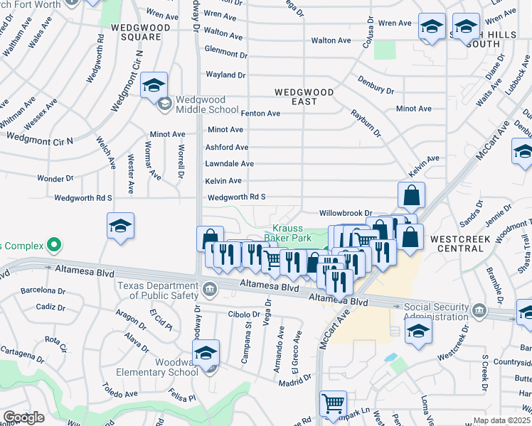 map of restaurants, bars, coffee shops, grocery stores, and more near 3721 Vega Place Circle in Fort Worth