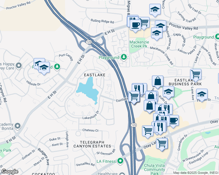 map of restaurants, bars, coffee shops, grocery stores, and more near 740 Eastshore Terrace in Chula Vista