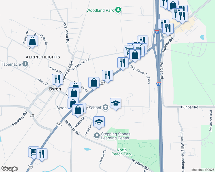 map of restaurants, bars, coffee shops, grocery stores, and more near 212 Highway 49 in Byron