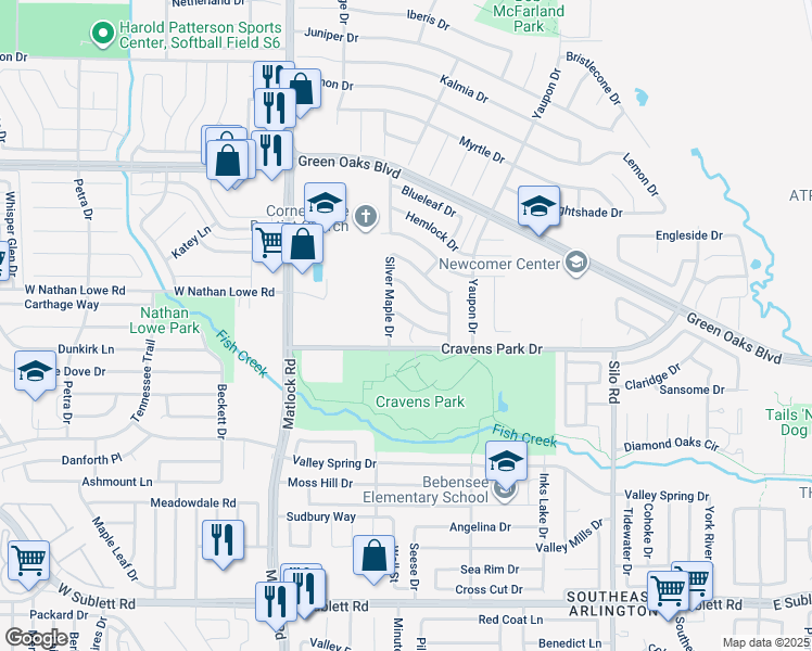 map of restaurants, bars, coffee shops, grocery stores, and more near 210 Spanish Moss Drive in Arlington