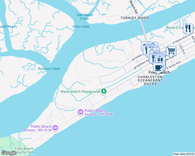 map of restaurants, bars, coffee shops, grocery stores, and more near 412 West Hudson Avenue in Folly Beach