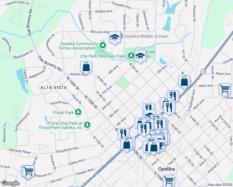 map of restaurants, bars, coffee shops, grocery stores, and more near 501-599 North 8th Street in Opelika