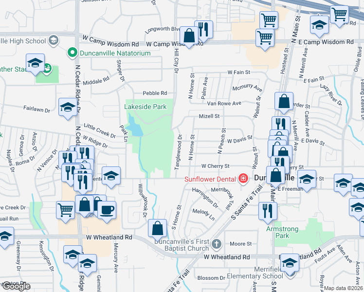 map of restaurants, bars, coffee shops, grocery stores, and more near 214 Tanglewood Drive in Duncanville