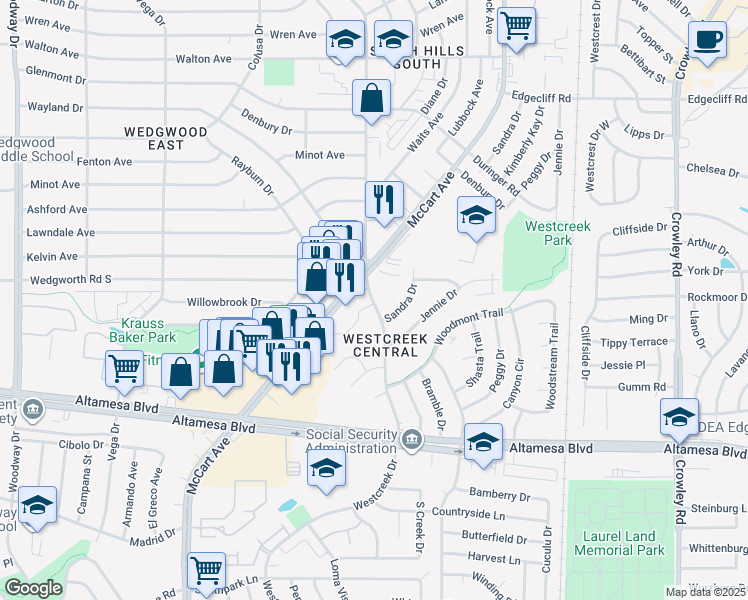 map of restaurants, bars, coffee shops, grocery stores, and more near 6205 Finbro Drive in Fort Worth
