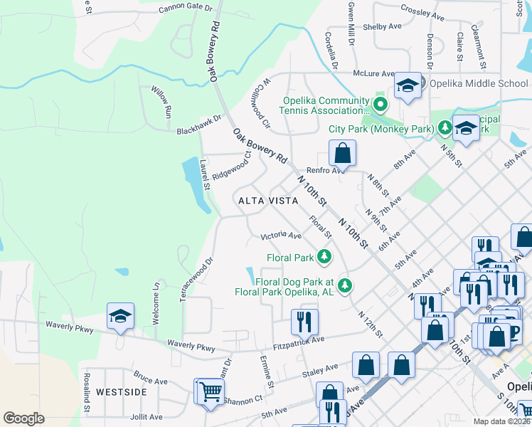 map of restaurants, bars, coffee shops, grocery stores, and more near 1403 Bonita Avenue in Opelika