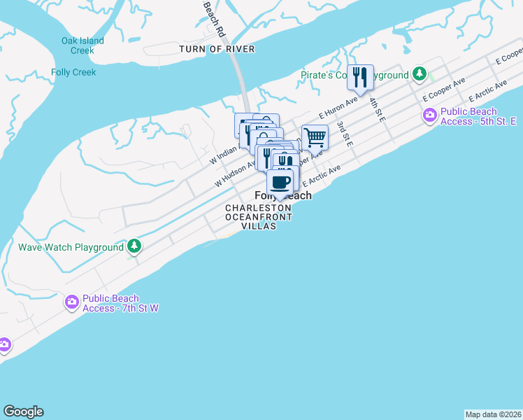 map of restaurants, bars, coffee shops, grocery stores, and more near 201 West Arctic Avenue in Folly Beach