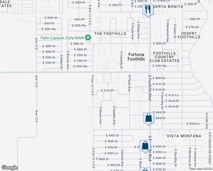 map of restaurants, bars, coffee shops, grocery stores, and more near 12551-12585 E 41st Pl in Yuma