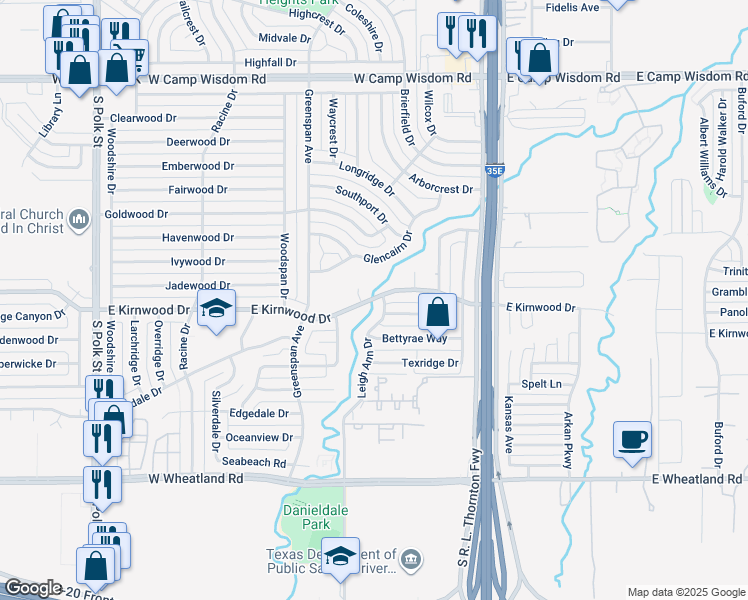 map of restaurants, bars, coffee shops, grocery stores, and more near 7723 Leigh Ann Drive in Dallas