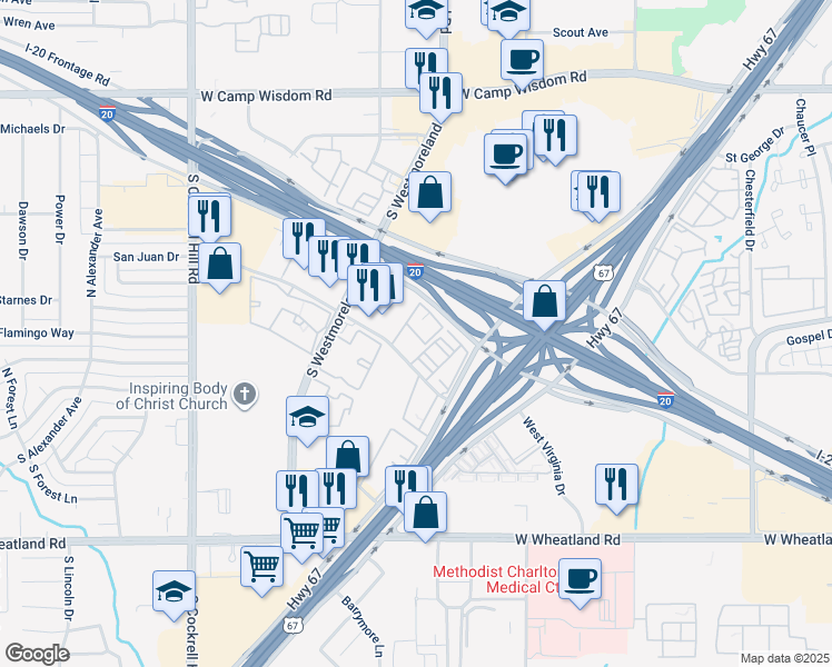 map of restaurants, bars, coffee shops, grocery stores, and more near 3811 Gannon Lane in Dallas