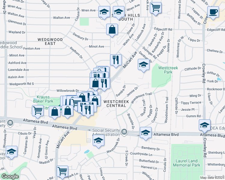 map of restaurants, bars, coffee shops, grocery stores, and more near 6205 Finbro Drive in Fort Worth