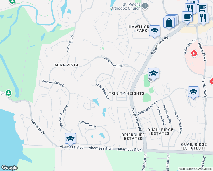 map of restaurants, bars, coffee shops, grocery stores, and more near 6716 Medinah Drive in Fort Worth