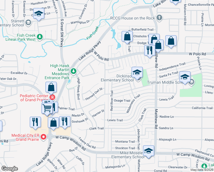 map of restaurants, bars, coffee shops, grocery stores, and more near 4934 Red River Trail in Grand Prairie